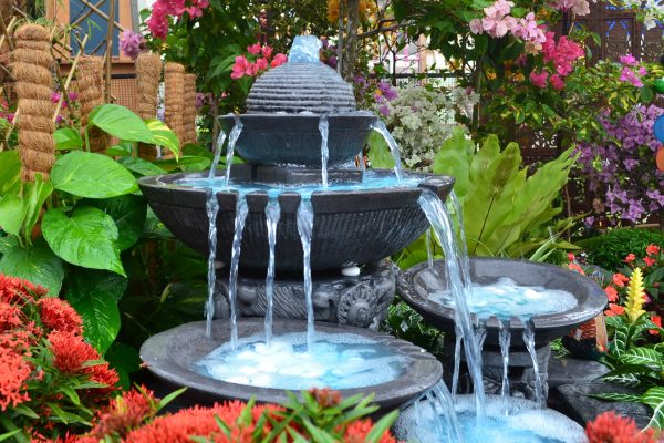 Antique,Fountain,At,Garden.,Blue,Water,Flowing,From,Stone,Fountain.